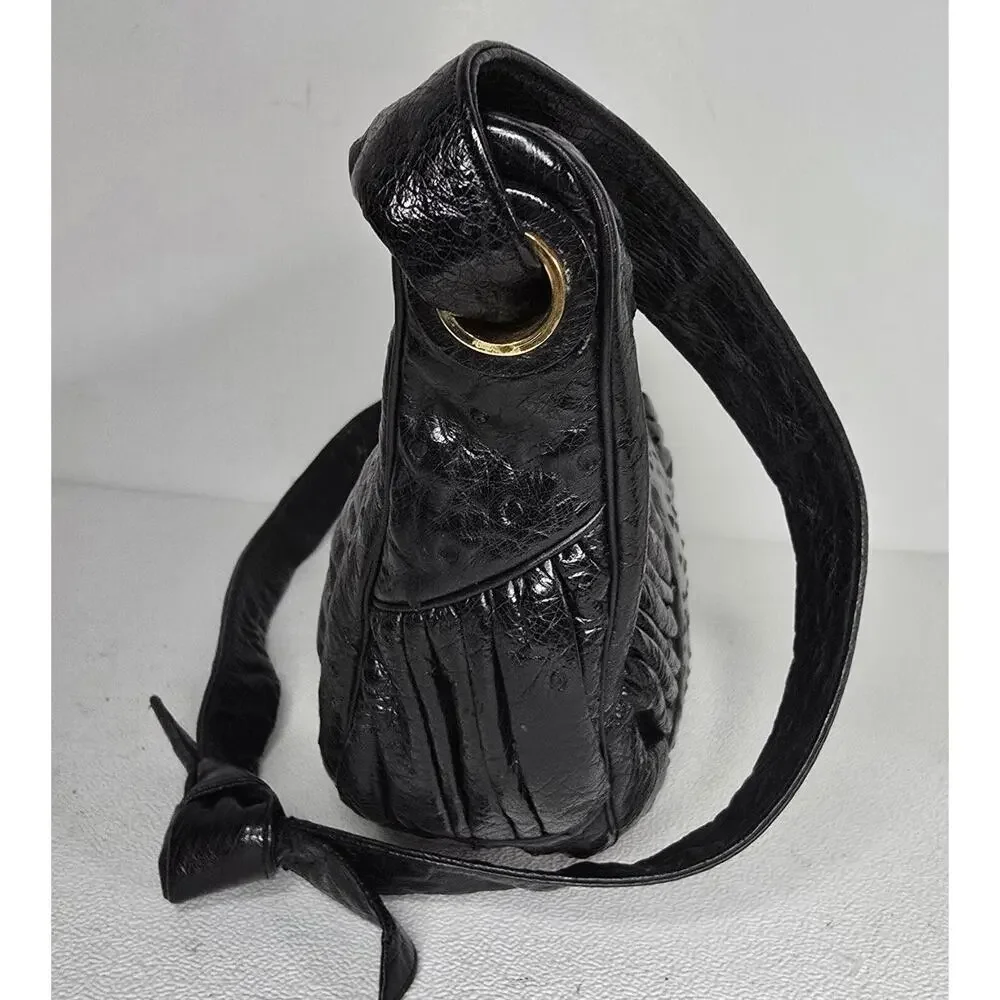 Vintage Judith Leiber Black Ostrich Leather Shoulder Bag Handbag Crescent Shape